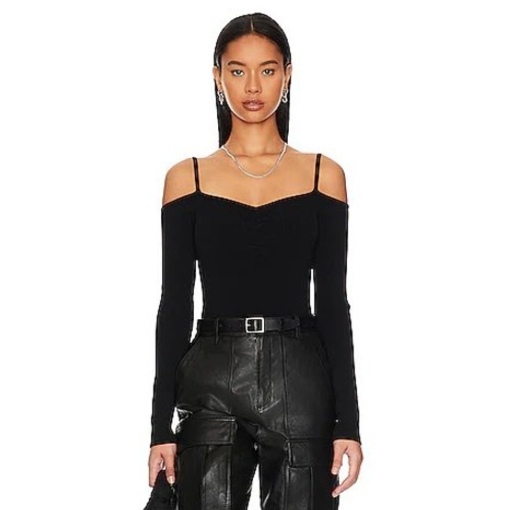 7 For All Mankind Black Ribbed Cold Shoulder Long Sleeve Top 7N324D97 L NEW